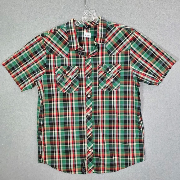 LRG Men Button Up Shirt XL Green Plaid Western Pearl Snap Woven Short Sleeve - Picture 1 of 9
